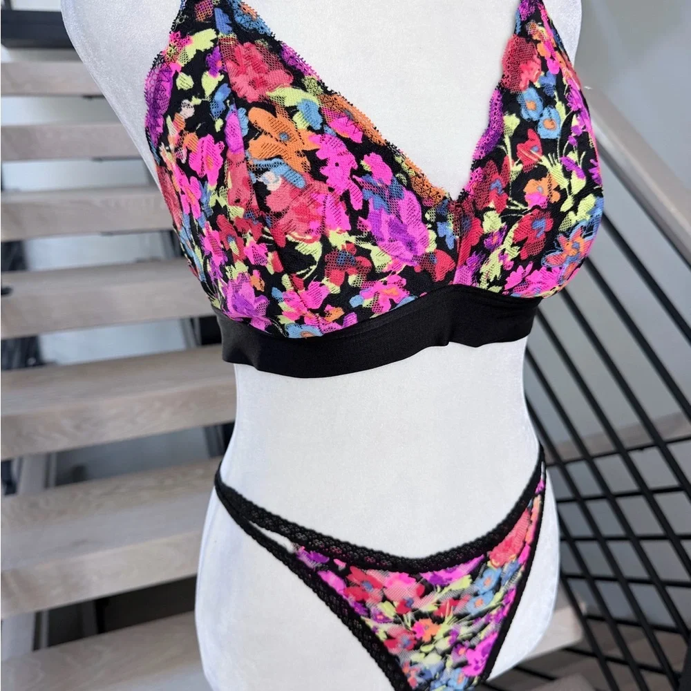 Floral Multicolor Padded Bralette with Black Trim and Panties Matching set